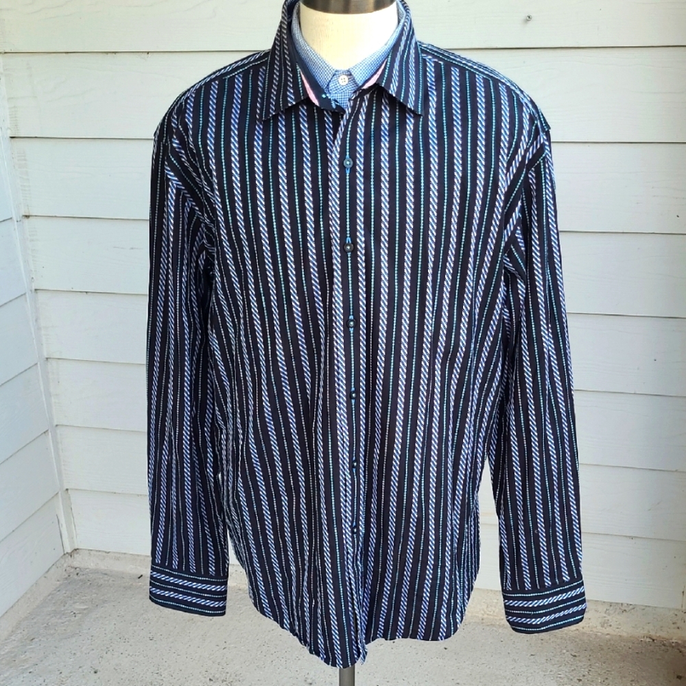 ROBERT GRAHAM Black White Blue Turquoise Striped Cotton XXL Long Sleeve Shirt